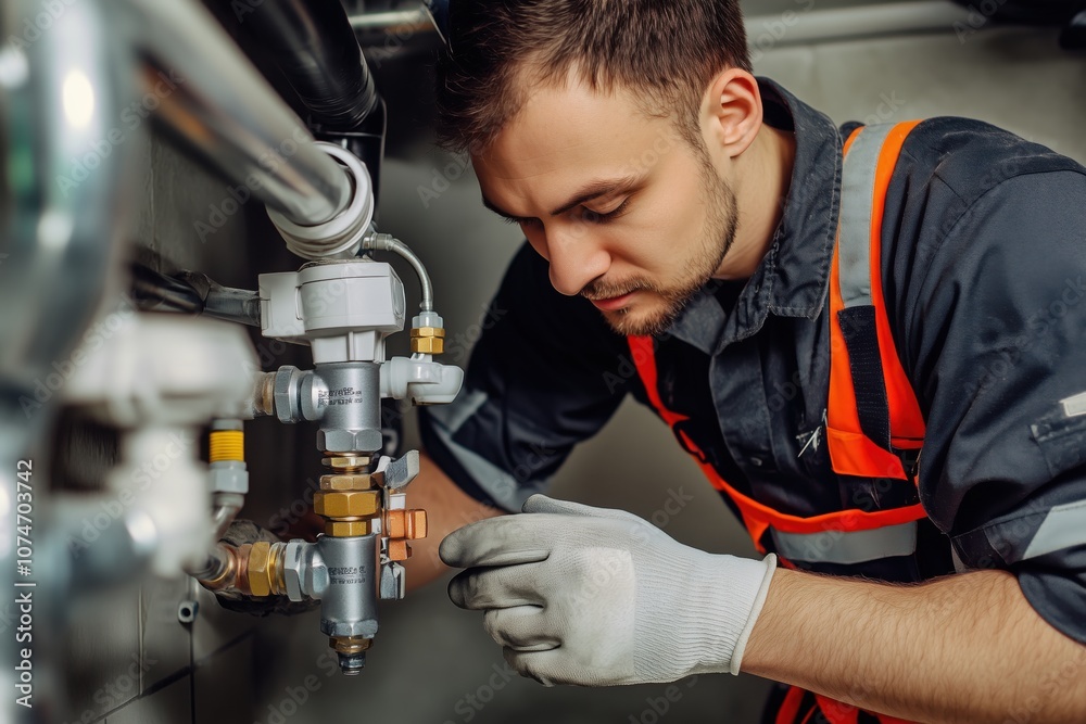 Naklejka premium A professional plumber performs a thorough routine maintenance check on a residential home's plumbing system. The plumber tightens the valve, checking pipes and connections in a clean basement.