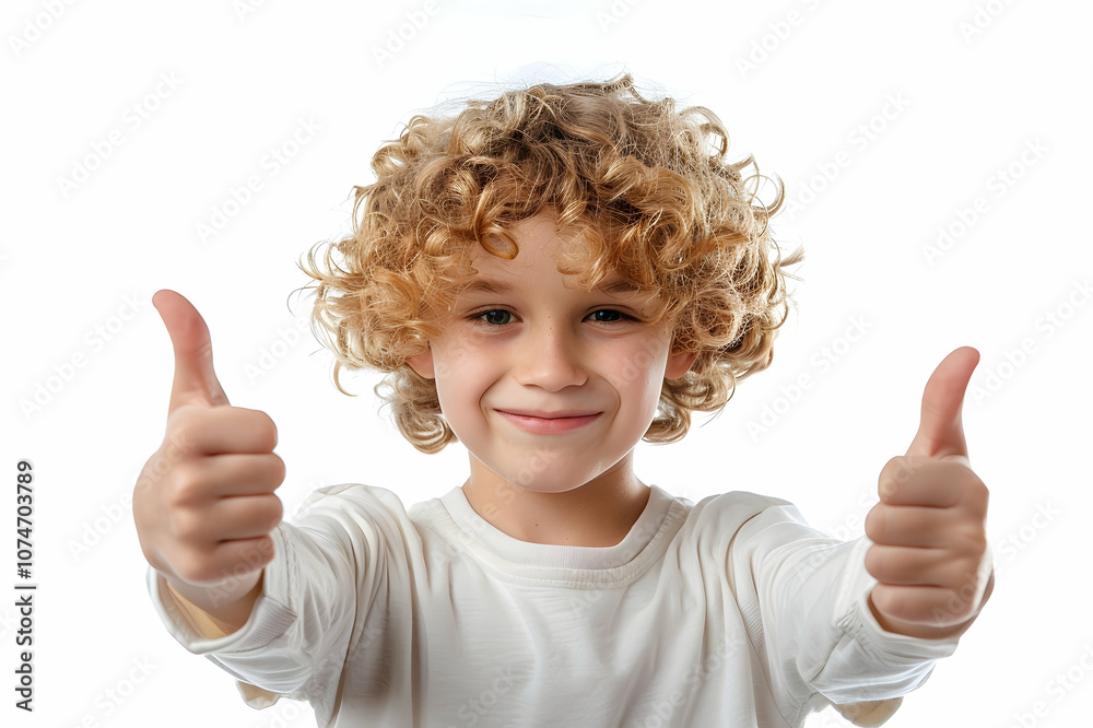 curly blonde schoolboy looking at camera and showing thumbs up isolated on white curly blonde schoolboy looking at camera and showing thumbs up isolated on white