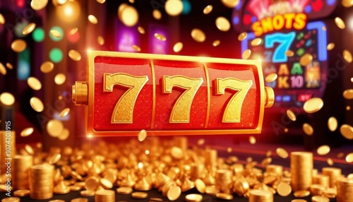 Abstract casino slot machine background. Colourful online casino banner 777 big winning symbol of gold jackpot, casino bar celebration light graphic. Entertainment leisure concept 3d digital artwork.