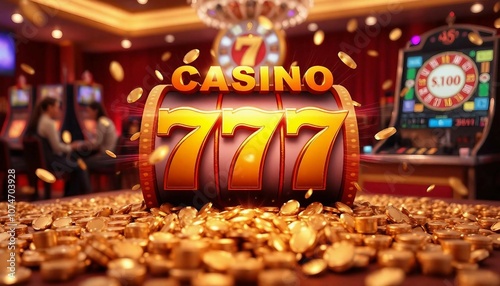 Abstract casino slot machine background. Colourful online casino banner 777 big winning symbol of gold jackpot, casino bar celebration light graphic. Entertainment leisure concept 3d digital artwork.