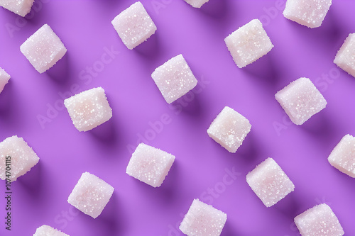 top view of lump sugar on violet, seamless background pattern