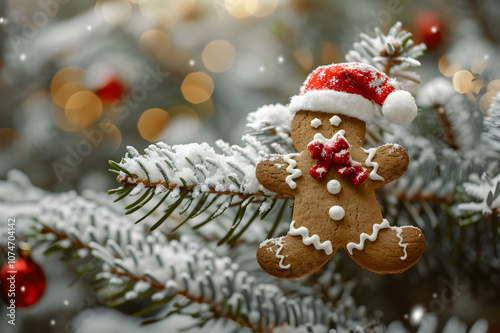 gingerbread man in santa hat on fir branch with decorative snow