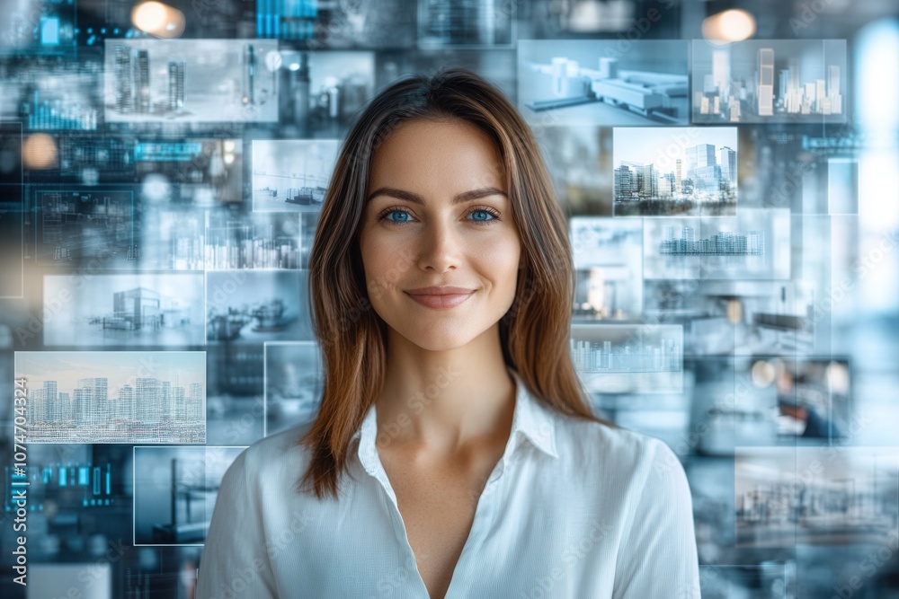 Smiling young woman in front of a futuristic background filled with overlapping digital images and transparent data panels. The setting represents the integration of digital media and personal identit Smiling young woman in front of a futuristic background filled with overlapping digital images and transparent data panels. The setting represents the integration of digital media and personal identit