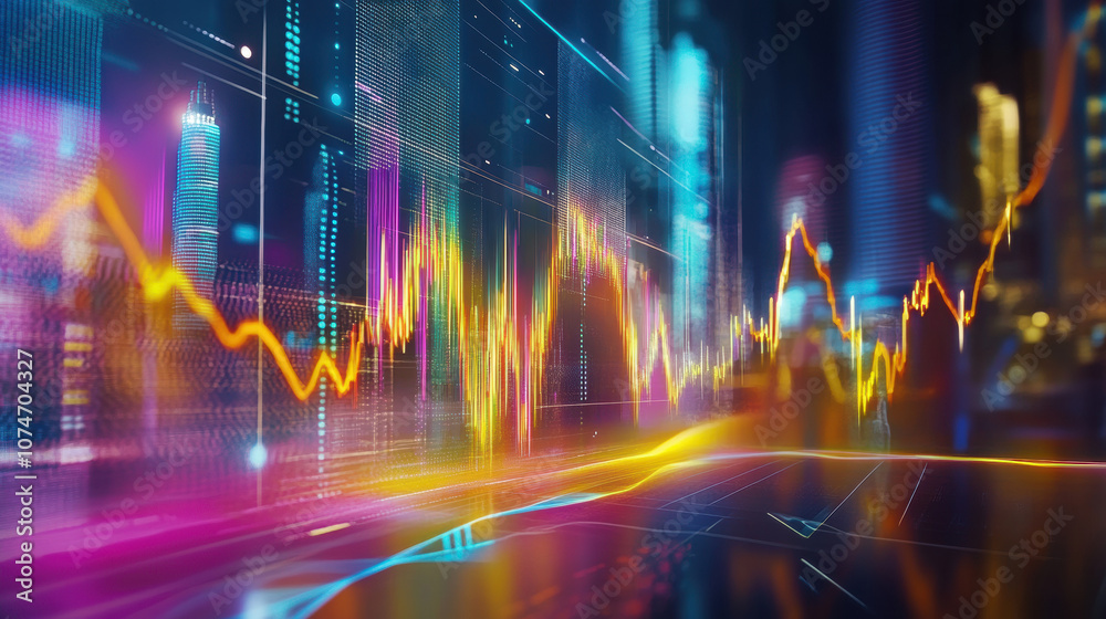 Digital trend line showing value and price fluctuations in vibrant colors Digital trend line showing value and price fluctuations in vibrant colors