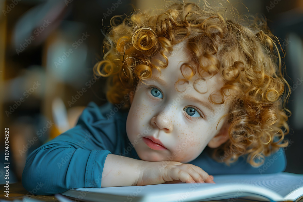 adorable curly little boy doing homework adorable curly little boy doing homework