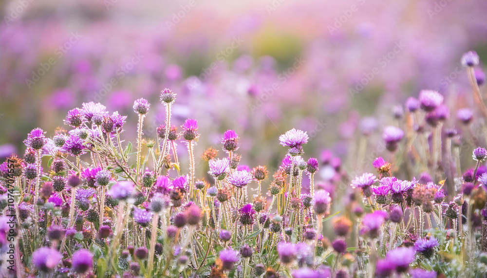 Naklejka premium Close Up of Purple Flowers in a Field and Copy Space