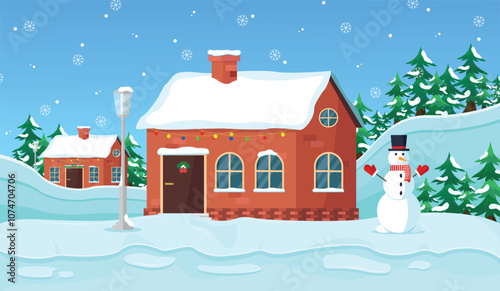 Christmas background with snowman, houses and forest. Vector illustration in cartoon style.