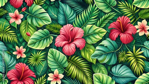 Wallpaper Mural Vibrant tropical floral pattern featuring a lush, vibrant tapestry of exotic hibiscus and foliage, a perfect illustration for wallpaper, fabric design, and decorative projects. Torontodigital.ca
