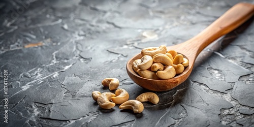 Close-Up of Fresh Cashew Nuts in a Wooden Spoon Displayed on a Textured Stone Surface, Perfect for Culinary and Snack-Related Editorial Photography