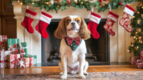 Cavalier King Charles Spaniel, with a festive bow tie