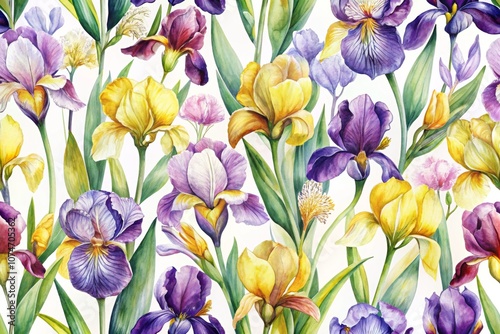 Beautiful Seamless Pattern of Purple and Yellow Irises on a Transparent Background Ideal for Fabric, Wallpaper, and Artistic Designs for Floral Enthusiasts