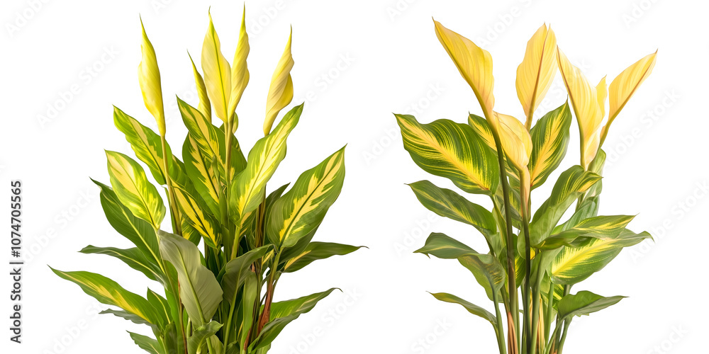 Two potted peace lily plants with vibrant green and yellow leaves isolated on white background decor, Cutout, Isolated on White Background