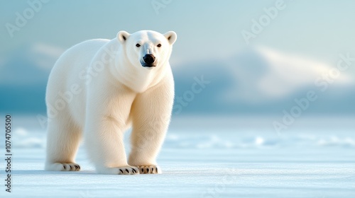 A majestic polar bear traverses icy floes in the Arctic Ocean, showcasing its stunning white fur against a cold, blue backdrop