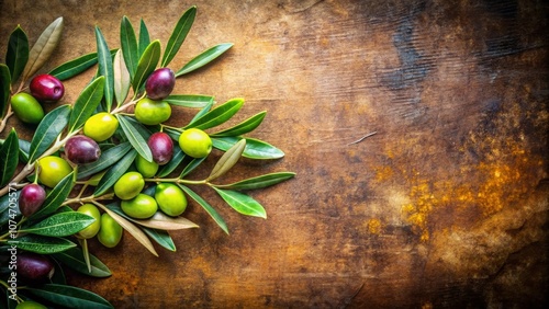 Vintage Olive Branch with Green and Purple Olives and Fresh Green Leaves on a Rustic Wooden Table Background for Culinary and Natural Themes photo