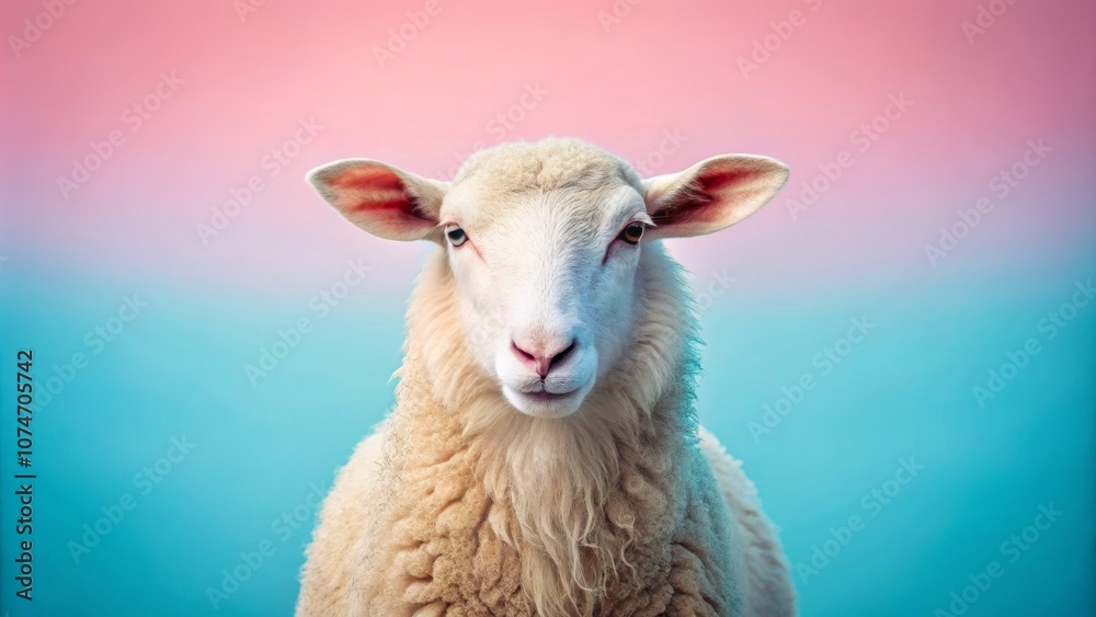 Fototapeta premium A Soft White Sheep Against a Pastel Pink and Blue Background, Capturing the Serenity of Nature with Gentle Hues and Textures for Relaxing Atmosphere
