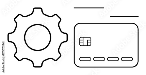 Gear next to credit card, representing system preferences and finance management. Ideal for SEO, banking, business, app settings, online transactions, IT support fintech. Line metaphor