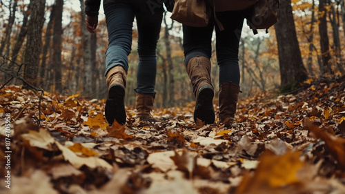 Couple walking in autumn forest with backpacks and fallen leaves