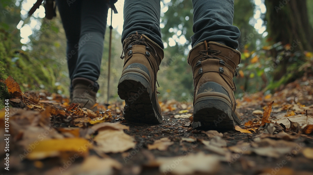 Couple hiking boots on forest trail surrounded by autumn leaves Couple hiking boots on forest trail surrounded by autumn leaves