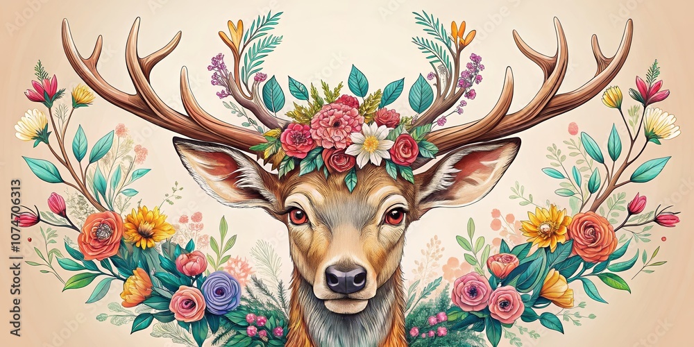 Artistic Portrait of a Deer Adorned with a Beautiful Floral Wreath, Featuring Vibrant Colors and Intricate Details, Perfect for Nature and Wildlife Themes