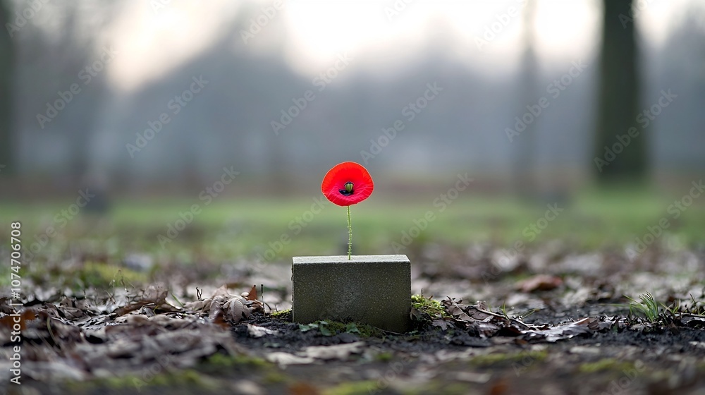 A single vibrant red poppy rests gently on a simple gravestone a symbol of remembrance and respect for the fallen soldier whose memory is honored in this quiet contemplative scene A single vibrant red poppy rests gently on a simple gravestone a symbol of remembrance and respect for the fallen soldier whose memory is honored in this quiet contemplative scene