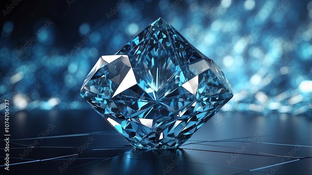 Polygonal light lines and an abstract blue diamond on a digital backdrop- Polygonal light lines and an abstract blue diamond on a digital backdrop-