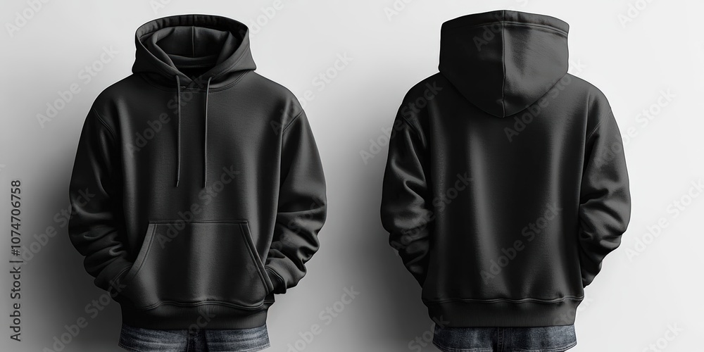 Stylish Black Hoodie Mockup Featuring Front and Back Views for Apparel Designers and Promotional Use with Blank Design Space for Customization Stylish Black Hoodie Mockup Featuring Front and Back Views for Apparel Designers and Promotional Use with Blank Design Space for Customization