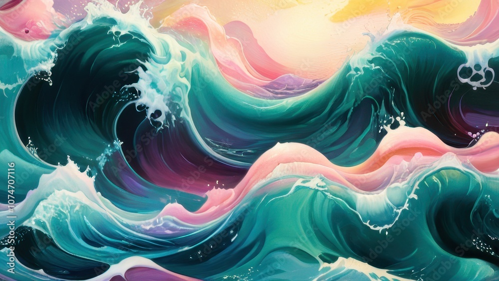 Fototapeta premium Vibrant and dynamic waves capture the beauty of the ocean at sunrise, blending pastel colors and fluid motion