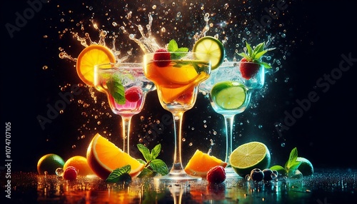 Cocktails Party Concept . Three Vibrant glasses of colourful cocktails drinks splashing with fruits like berries, citrus, and mint leaves, absorbing energy and mind freshness in a vivid scene photo