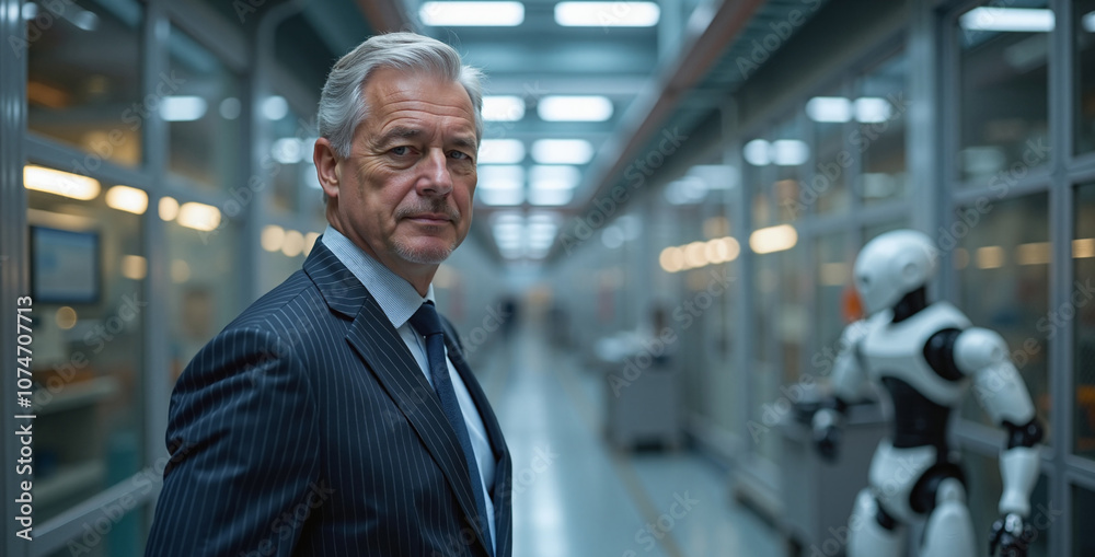 Senior businessman with serious expression standing in futuristic laboratory with robot Senior businessman with serious expression standing in futuristic laboratory with robot