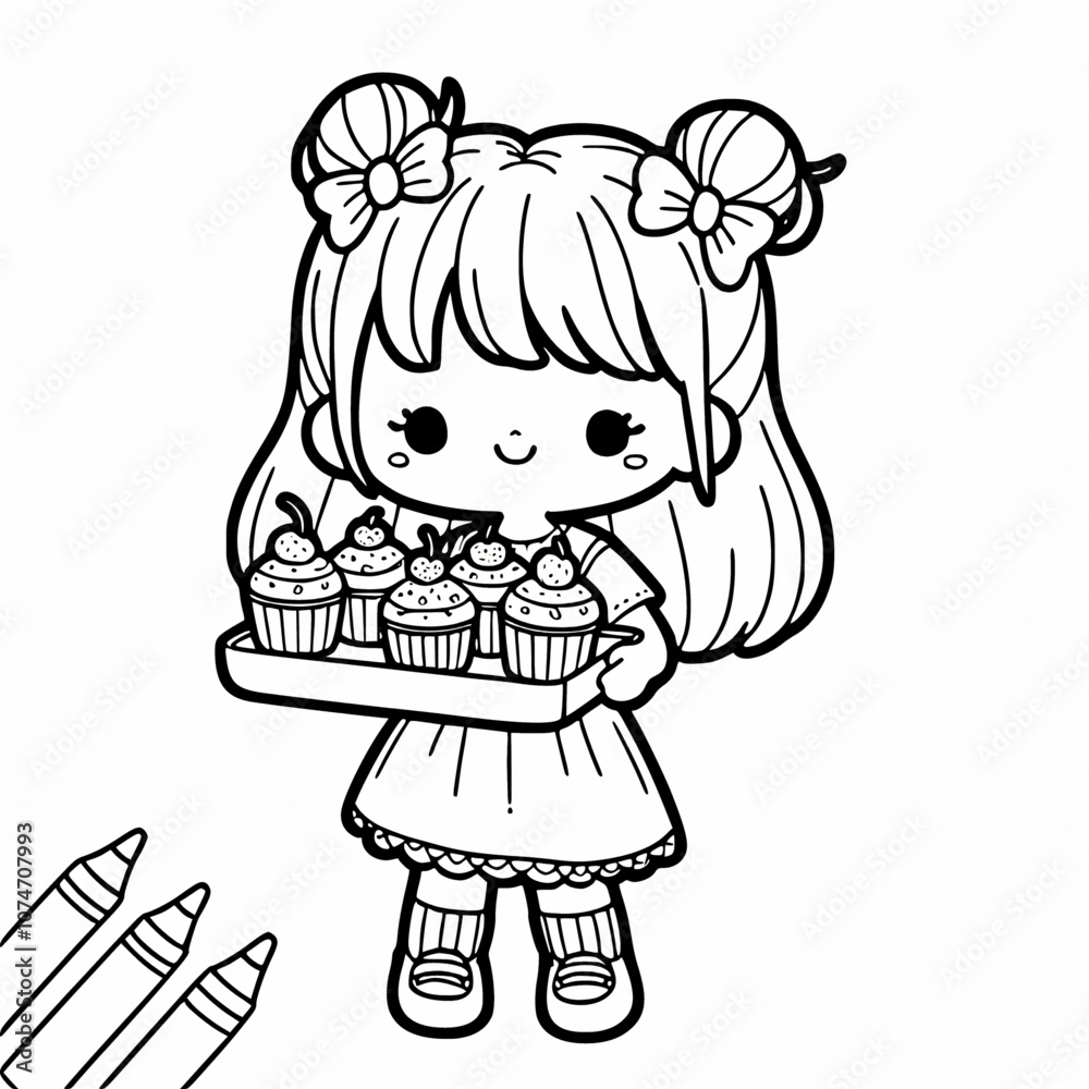 A girl is holding a cupcake tray. Coloring page for children. A girl is holding a cupcake tray. Coloring page for children.