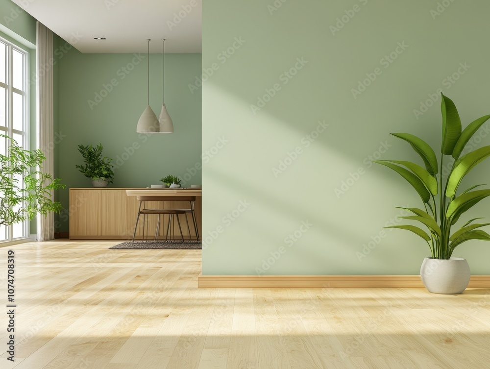 A large open room with a white wall and a green plant in a white vase A large open room with a white wall and a green plant in a white vase