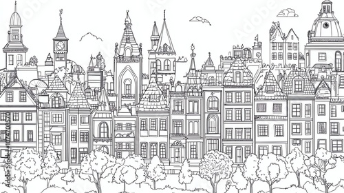 A black and white line drawing of a city skyline with buildings and trees.