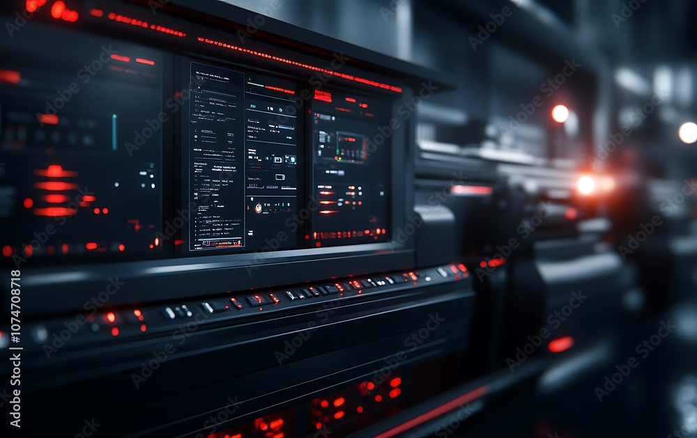 A futuristic control panel with glowing red displays and intricate technology, exuding a sci-fi ambiance.