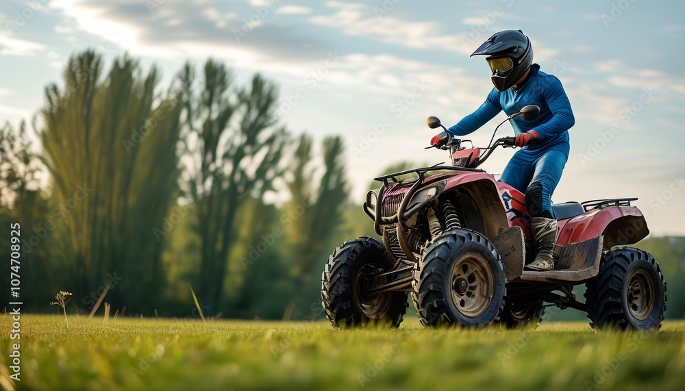 Rider on an ATV in outdoor terrain, wearing protective gear and enjoying off-road adventure, extreme sports and recreational activity Rider on an ATV in outdoor terrain, wearing protective gear and enjoying off-road adventure, extreme sports and recreational activity