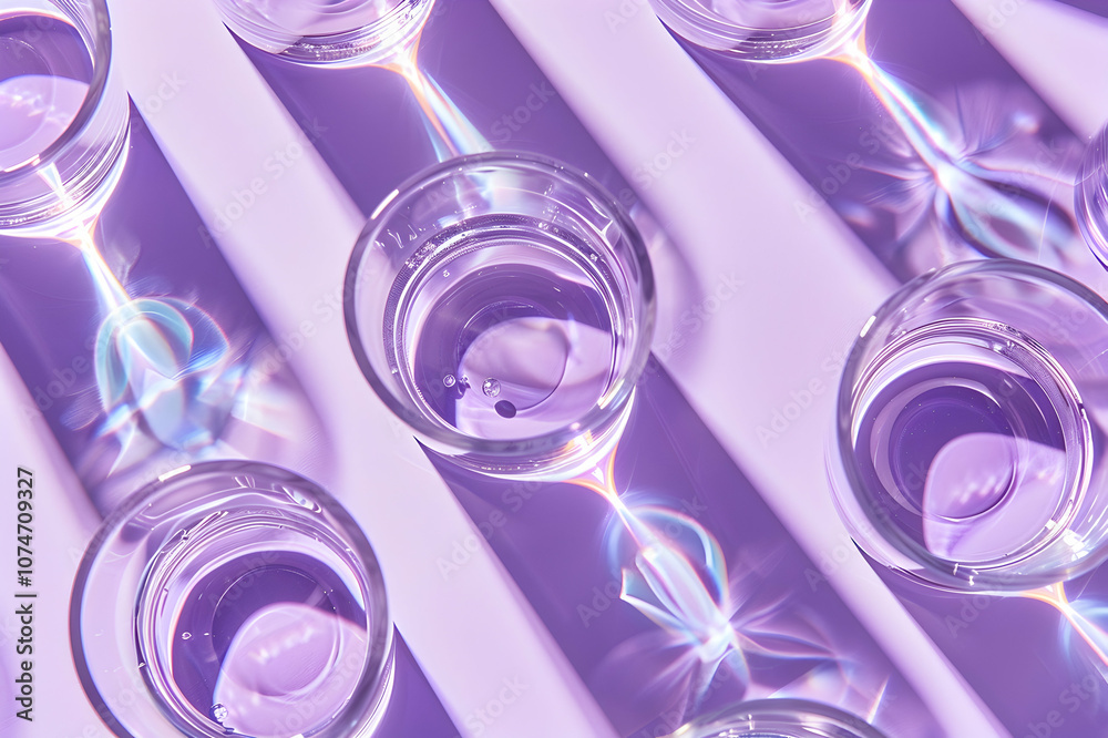 top view of glasses of water on violet, seamless background pattern top view of glasses of water on violet, seamless background pattern