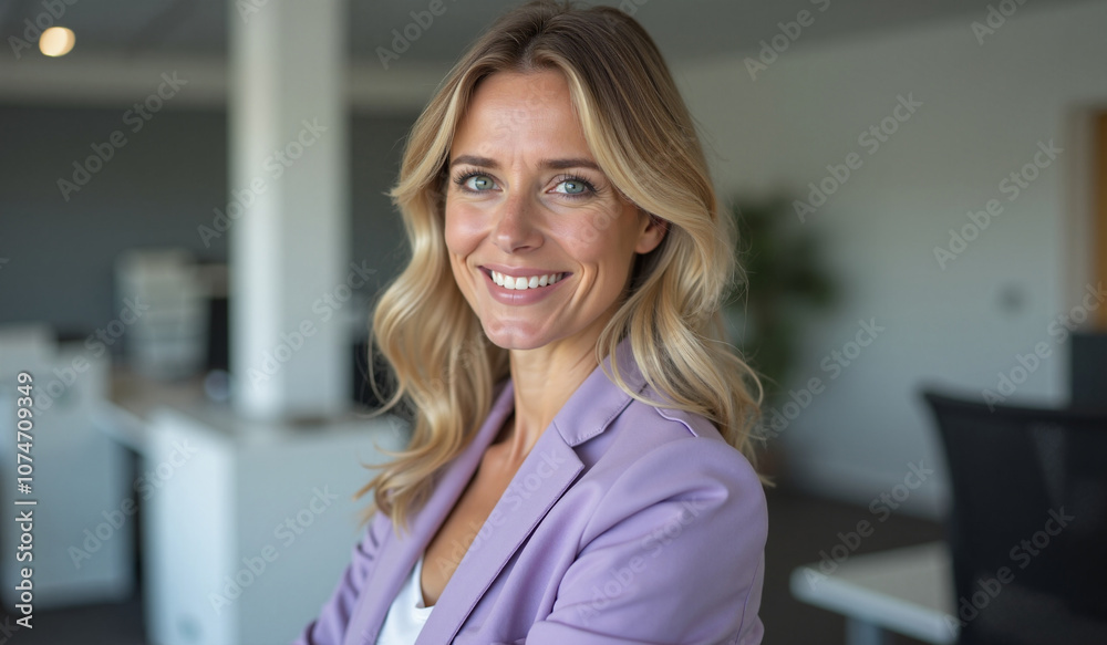 Fototapeta premium Confident businesswoman smiling warmly in modern office setting