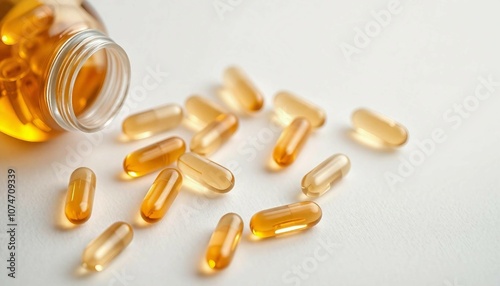 Food supplement fish oil filled transparent capsules containing omega 3, omega 6, omega 9 and vitamin A. Human health benefits product background banner.