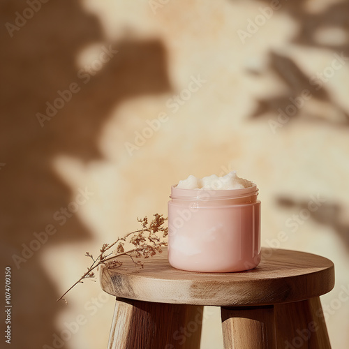 Minimalist product shot captures a light pink cosmetic jar centered on a smooth beige surface, with subtle shadows and soft light that emphasize its smooth, delicate appearance and calming color  photo