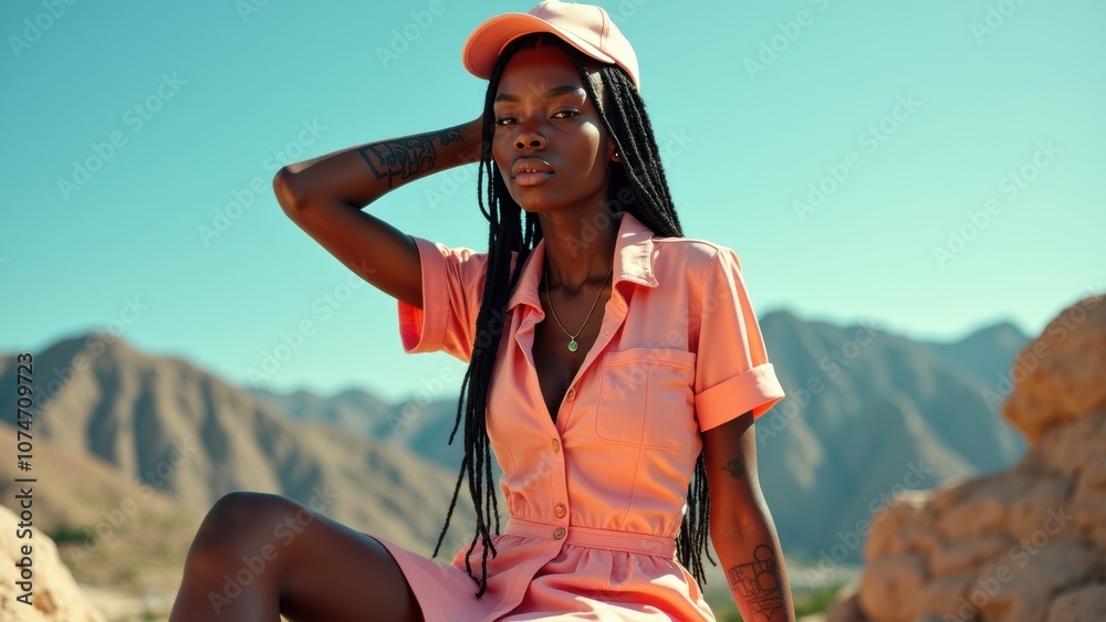 A woman in a pink dress and cap poses gracefully in the desert, surrounded by rugged mountains under a clear blue sky, exuding style and confidence A woman in a pink dress and cap poses gracefully in the desert, surrounded by rugged mountains under a clear blue sky, exuding style and confidence