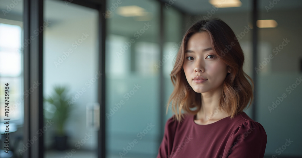 Young Asian woman with confident expression in modern office environment Young Asian woman with confident expression in modern office environment