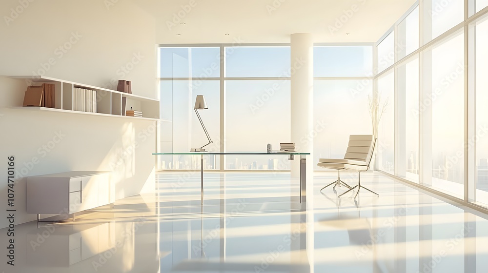 Fototapeta premium 83. A spacious, modern home office with a glass desk, bright natural light, and an empty space for a product