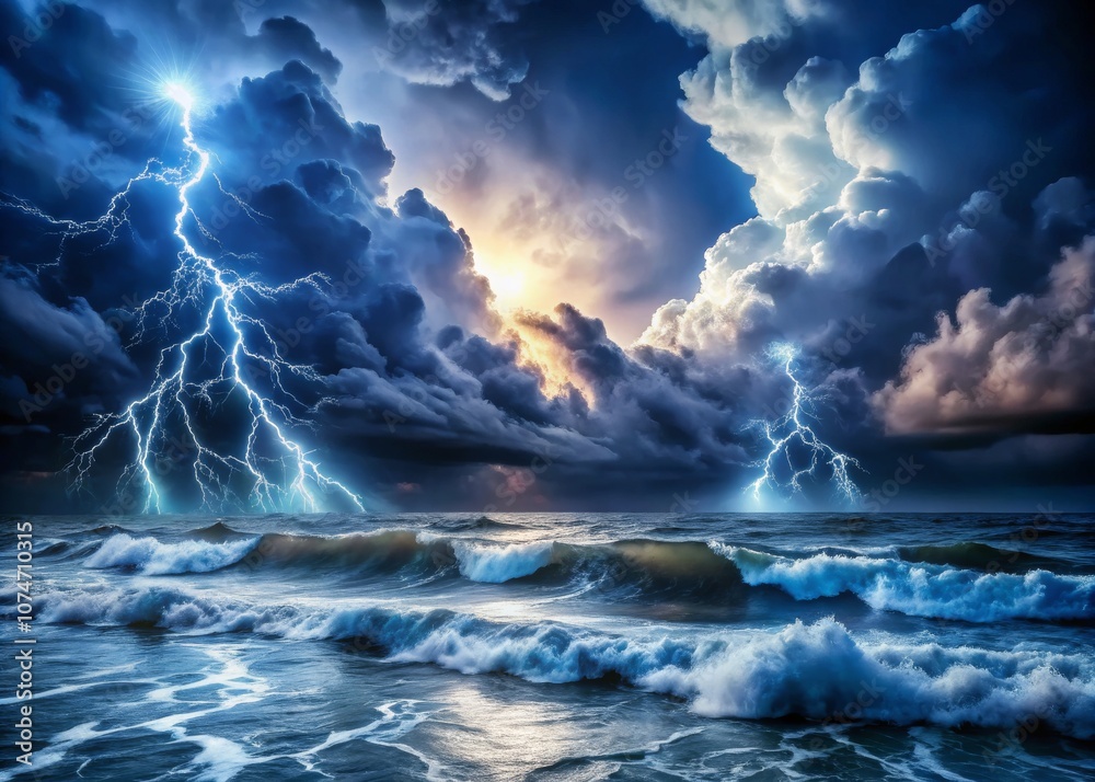 Naklejka premium Majestic Lightning Strikes Over a Turbulent Sea with Swirling Clouds at Dusk Captured in a Fantasy Landscape