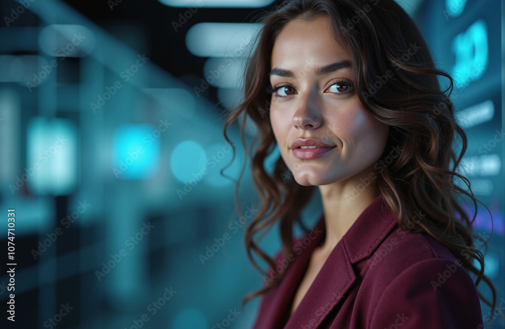 Fototapeta premium Confident woman with captivating gaze posing in modern office environment