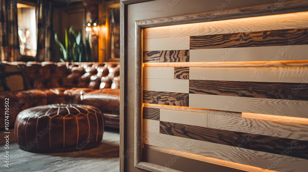 Cozy interior featuring a wooden accent wall with warm lighting, leather furniture, and a stylish pouf, creating an inviting atmosphere in a modern living space. Cozy interior featuring a wooden accent wall with warm lighting, leather furniture, and a stylish pouf, creating an inviting atmosphere in a modern living space.