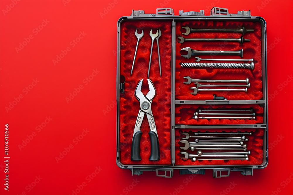 Top view of tool box with pliers and nails on red surface
