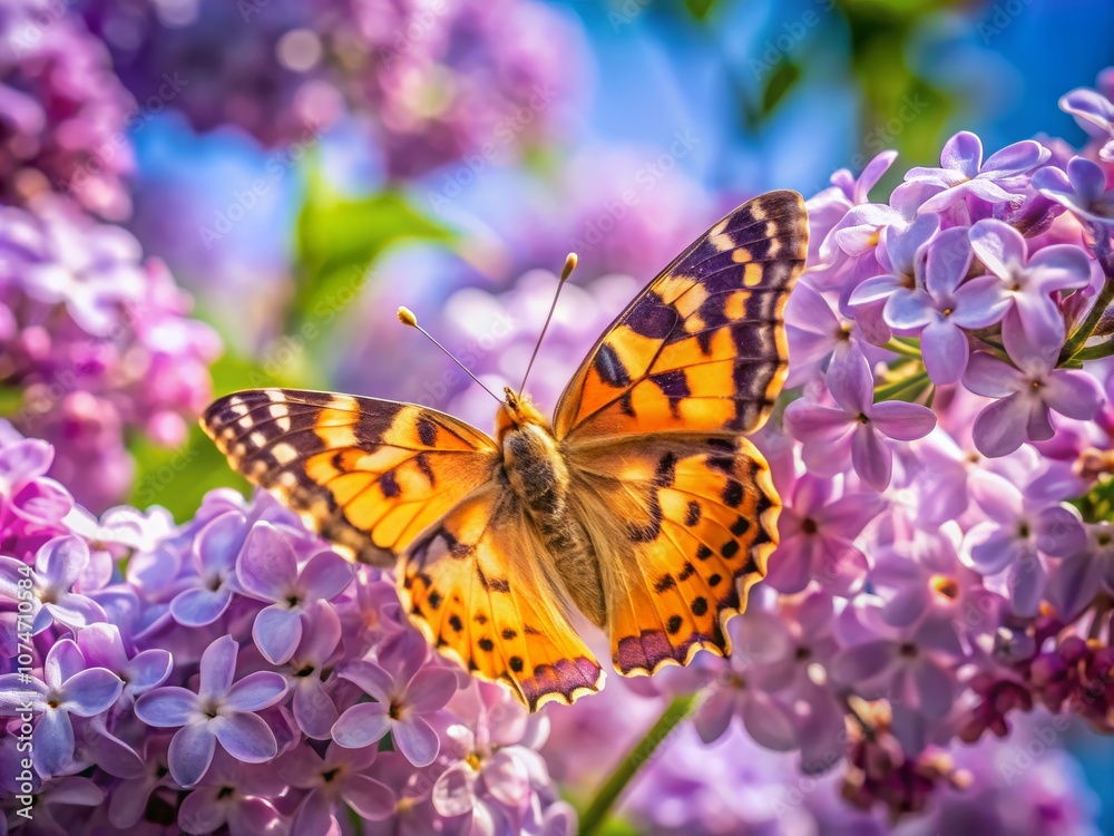Close-Up of a Vibrant Butterfly Perched on a Lilac Branch Surrounded by Blossoming Flowers in Springtime Sunshine Close-Up of a Vibrant Butterfly Perched on a Lilac Branch Surrounded by Blossoming Flowers in Springtime Sunshine