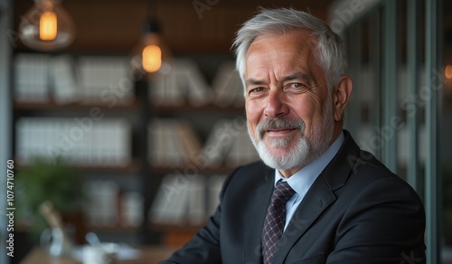 Senior businessman with confident smile in modern office setting