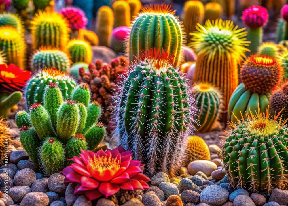 Vibrant Macro Photography of Diverse Cactus Species in a Desert Setting Featuring Colorful Blossoms and Unique Textures Amidst Natural Rock Elements Vibrant Macro Photography of Diverse Cactus Species in a Desert Setting Featuring Colorful Blossoms and Unique Textures Amidst Natural Rock Elements