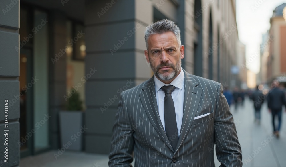 Mature businessman with serious expression walking in urban setting Mature businessman with serious expression walking in urban setting