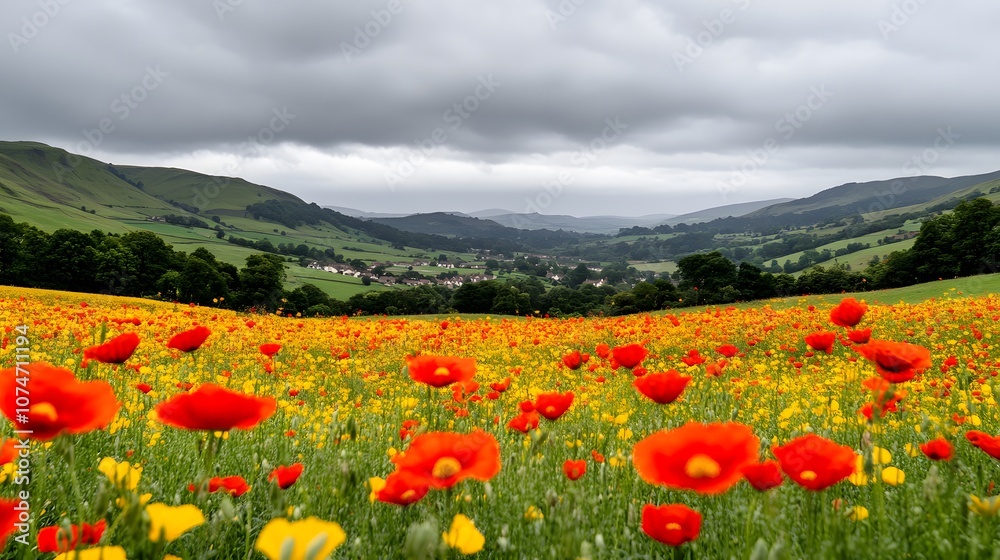 A vibrant field of red poppies and yellow flowers stretches across a picturesque landscape under a cloudy sky, showcasing nature's beauty. A vibrant field of red poppies and yellow flowers stretches across a picturesque landscape under a cloudy sky, showcasing nature's beauty.